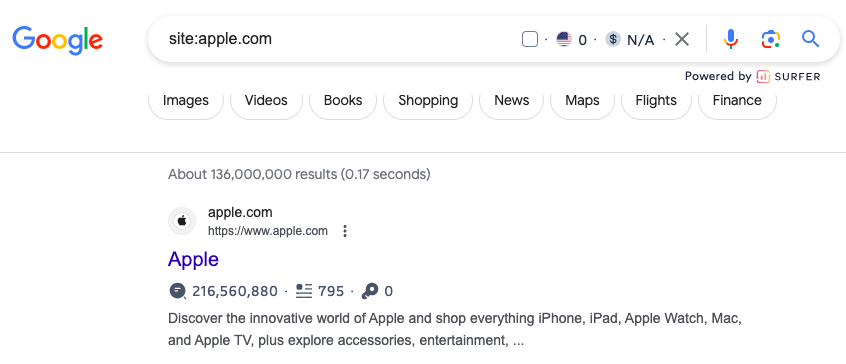 136 million indexed web pages on Apple's website